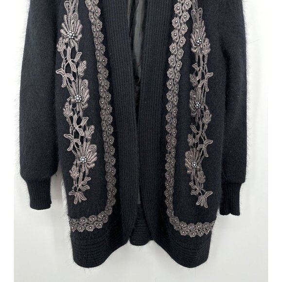 Gizel Angora Wool Open Front Cardigan Women OS Black Embroidered Beaded Longline - Picture 3 of 11